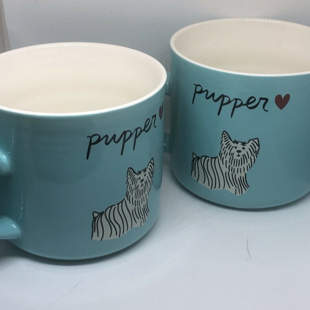 2 Stoneware  Pupper Coffee Mugs 16oz Teal